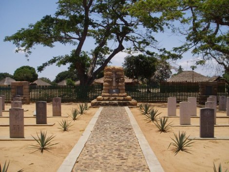 The British cemetery in Lumbo, northern Mozambique, where individual headstones are inscribed for the fallen white soldiers of the Empire in the Great War. A few names of non-white enlisted East African, West African and Indian soldiers who died are engraved on memorial stones at the side of cemetery. The dead African porters and civilians are not remembered.